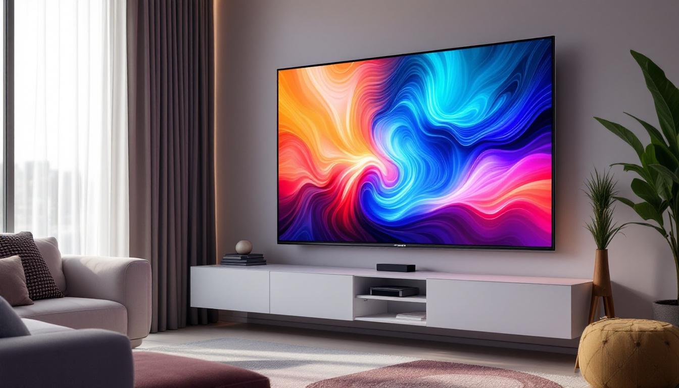 A photograph of a sleek thin bezel led tv displaying vibrant