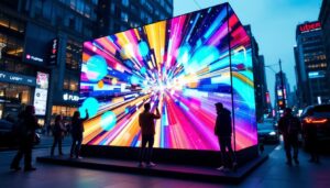 A photograph of a vibrant and dynamic uber display featuring led technology in action