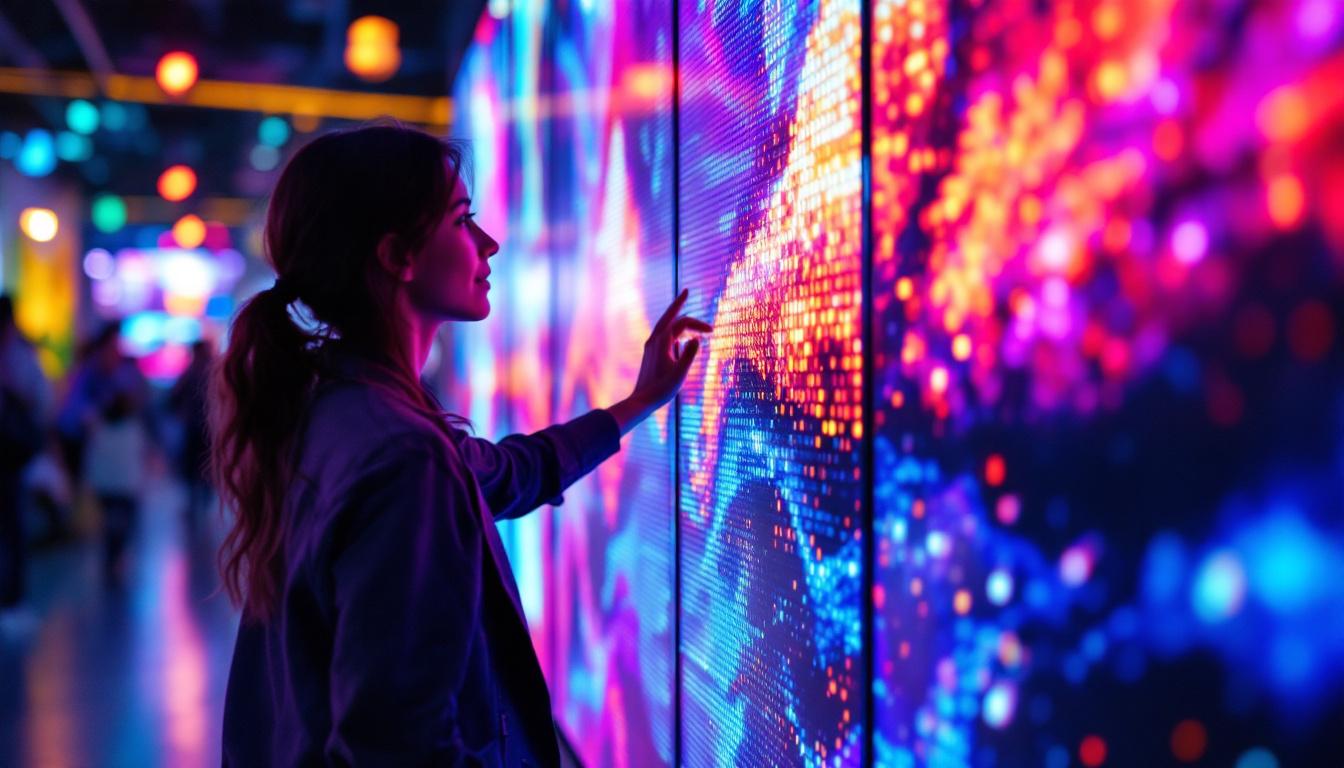 A photograph of capture a photograph of a person engaging with an led display in a vibrant setting