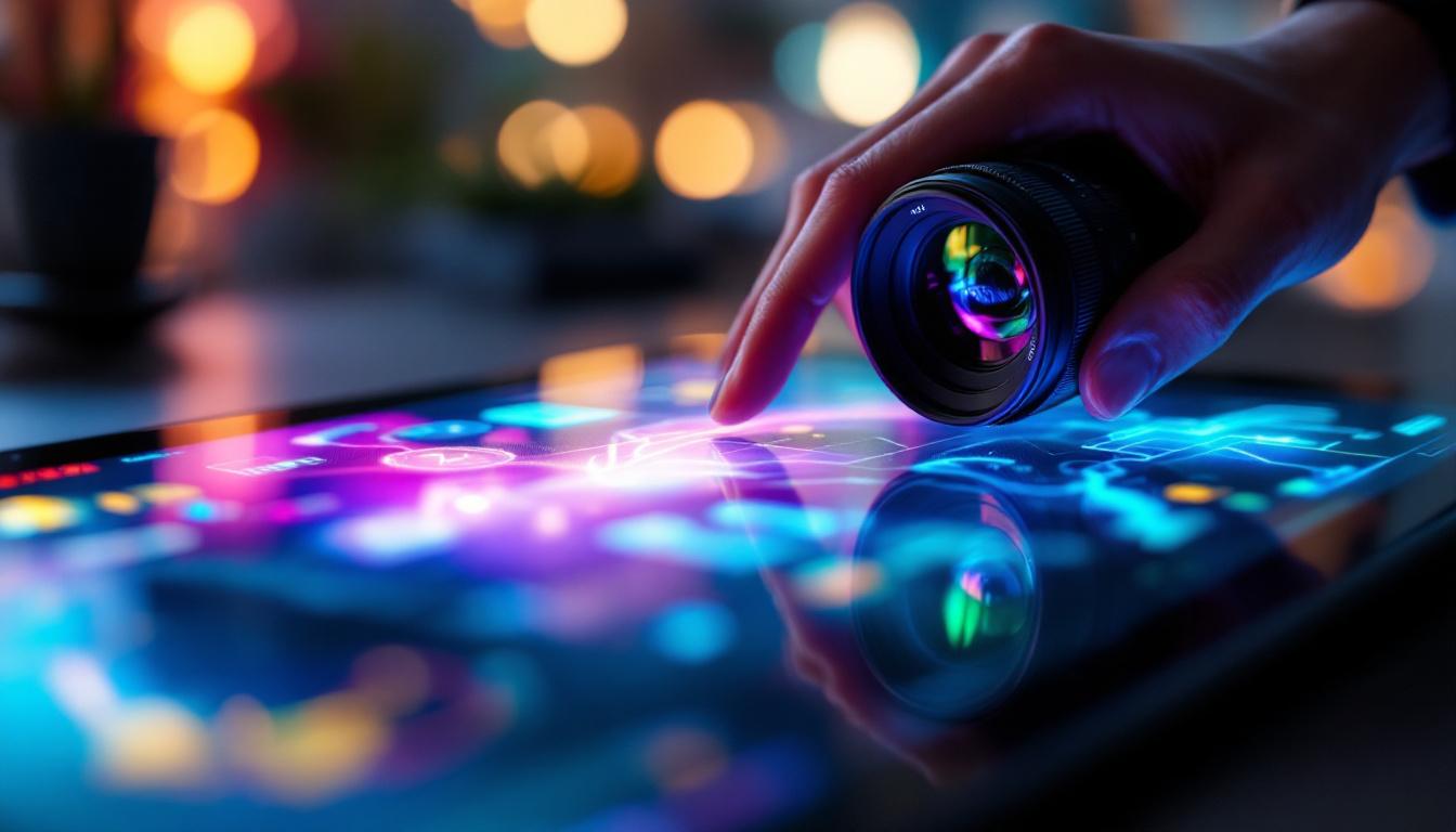 A photograph of a sleek touch screen device displaying vibrant visuals