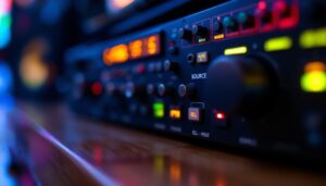 A photograph of a close-up of an audio source selector with an illuminated led display