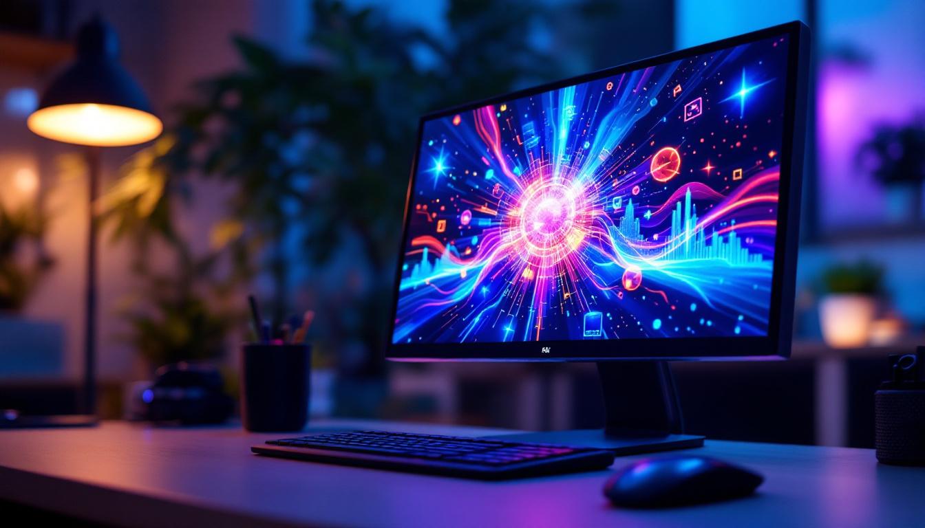 A photograph of a small lcd computer monitor displaying vibrant led graphics in a modern workspace