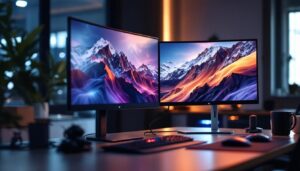 A photograph of capture a photograph of a sleek two-screen monitor stand in a modern workspace