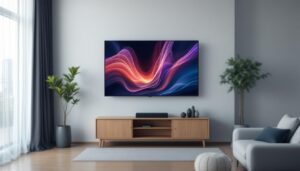 A photograph of a sleek slim full motion tv mount installed on a wall
