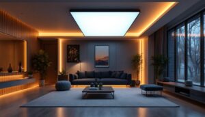 A photograph of a modern interior space showcasing a sleek 2x2 led ceiling panel installation