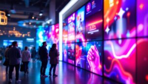 A photograph of a vibrant media wall featuring a large led display in a dynamic setting