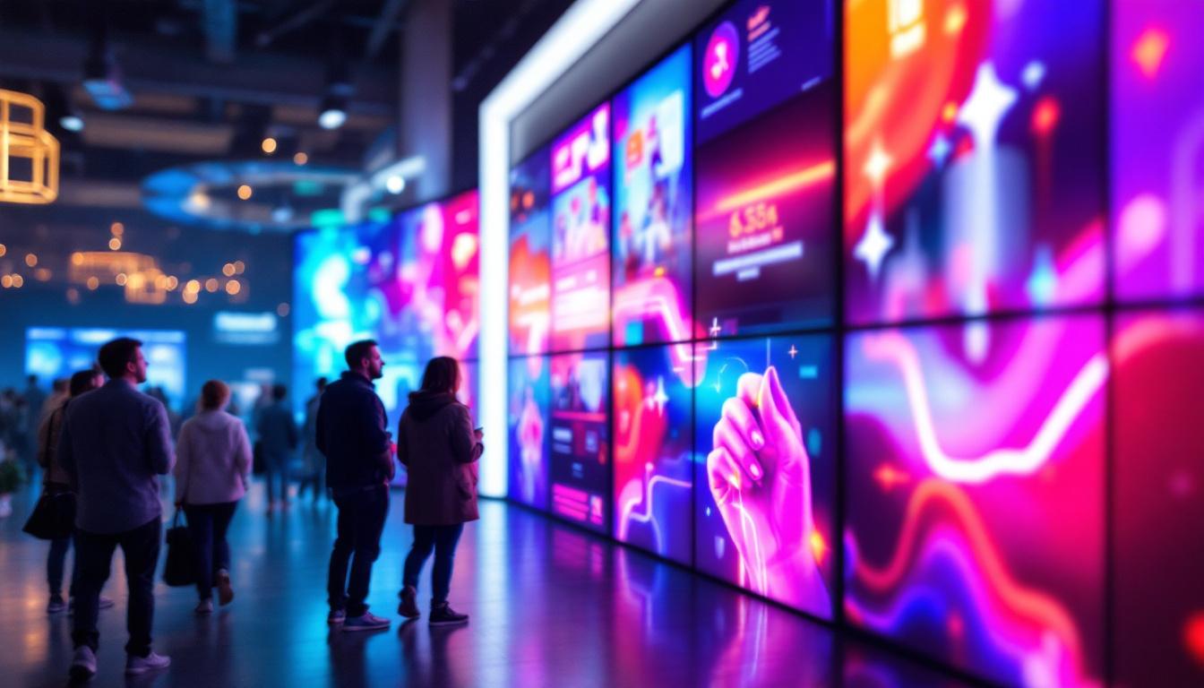 A photograph of a vibrant media wall featuring a large led display in a dynamic setting