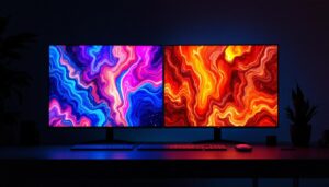 A photograph of a side-by-side comparison of an oled display and an led display
