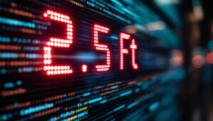 A photograph of capture a photograph of a close-up led display screen showing a vibrant digital readout of "2.5 ft" converted to centimeters