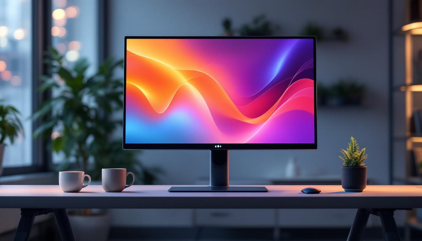 A photograph of a sleek mobile monitor stand with an led display in a modern workspace setting