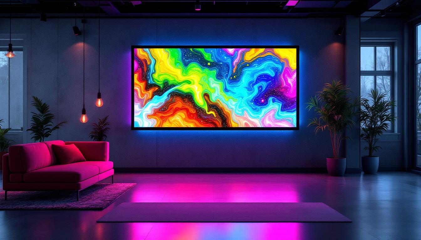 A photograph of a vibrant custom led wall sign in a stylish indoor setting