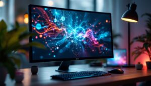 A photograph of a sleek touch screen pc monitor displaying vibrant led graphics