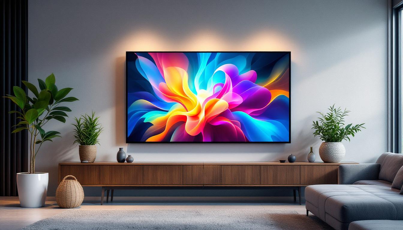 A photograph of a sleek wall-mounted led display showcasing vibrant visuals in a modern interior setting