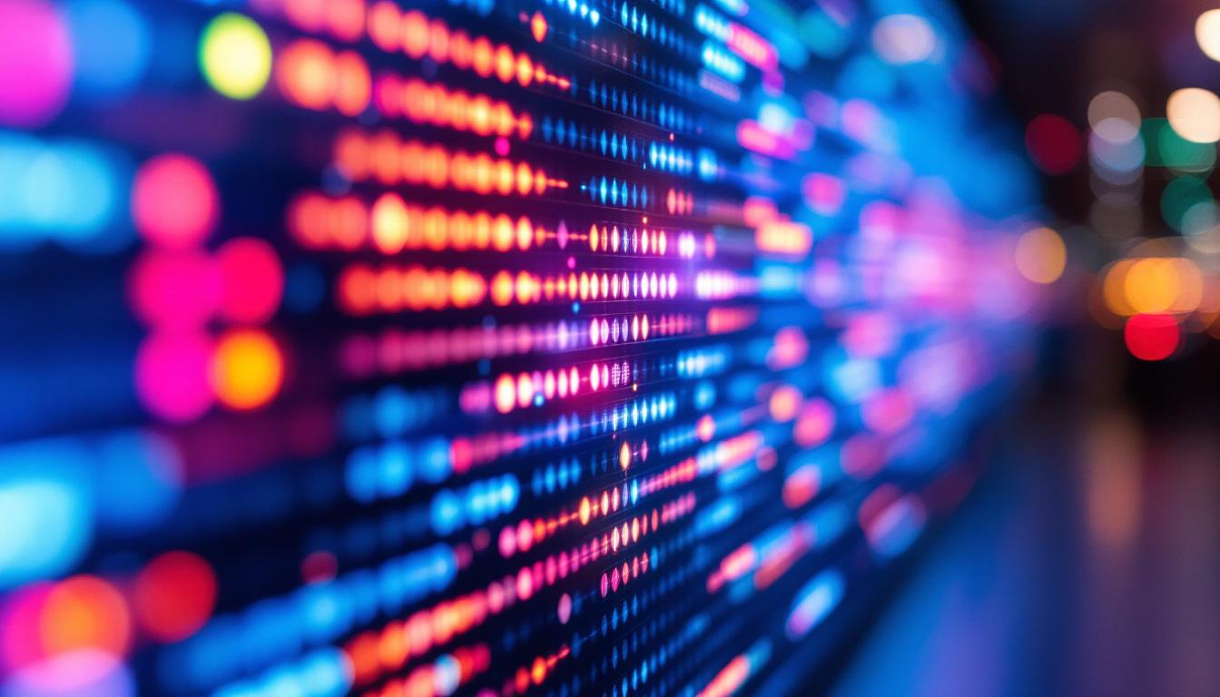 A photograph of a close-up of a vibrant led display showing dynamic visuals