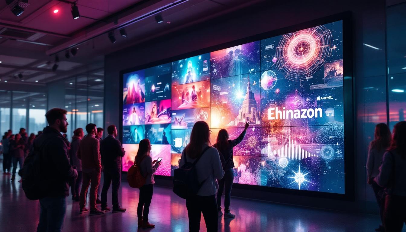 A photograph of a vibrant and dynamic video wall in a modern setting