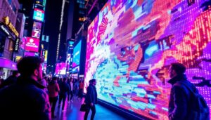 A photograph of a vibrant led display in a bustling urban environment