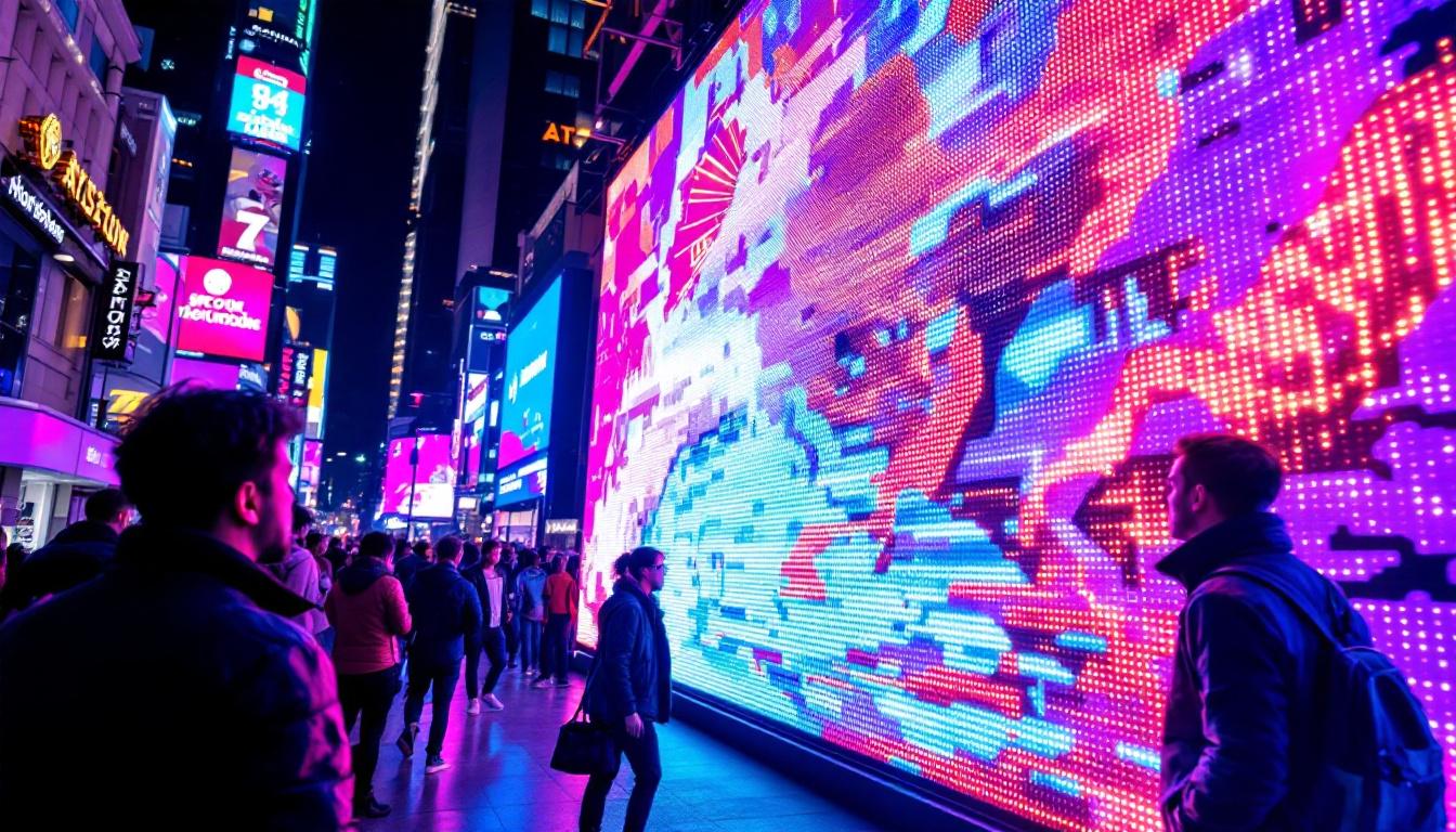 A photograph of a vibrant led display in a bustling urban environment