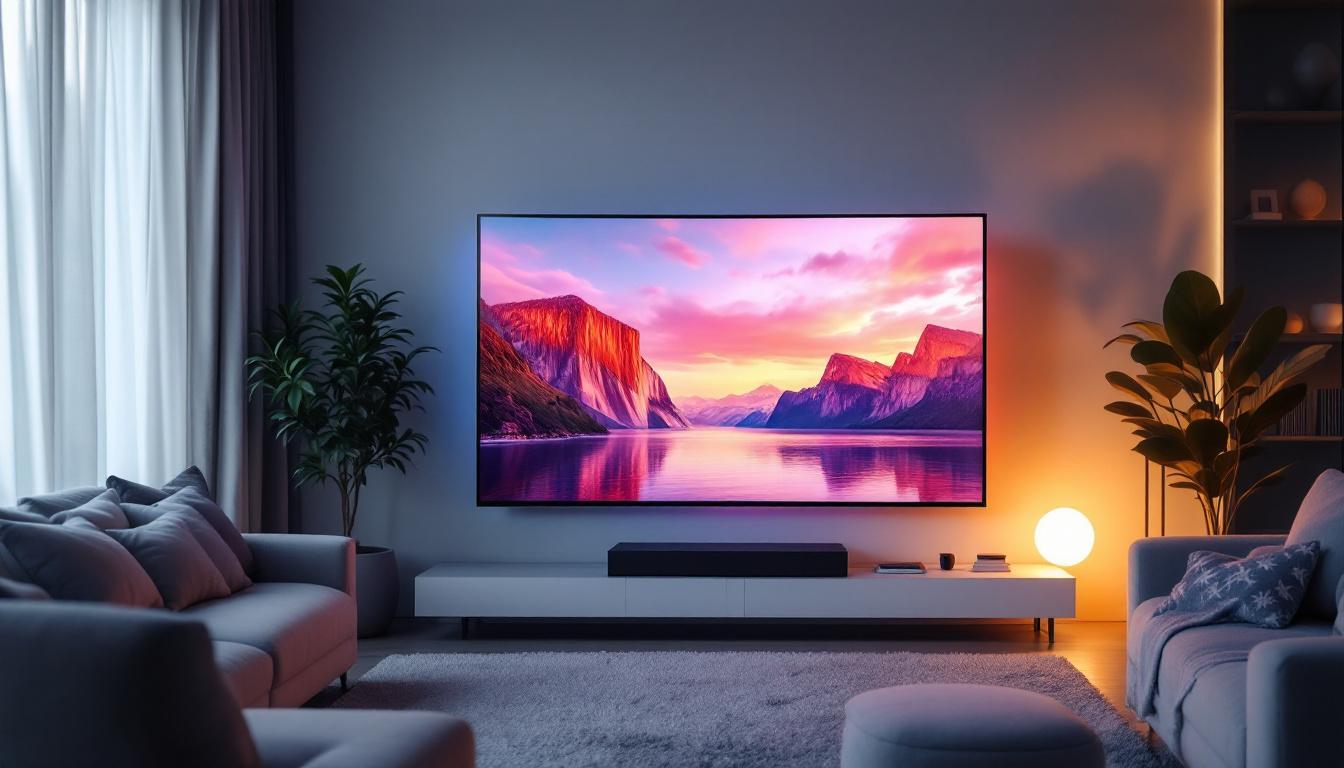 A photograph of a sleek ultra-wide led television displaying vibrant