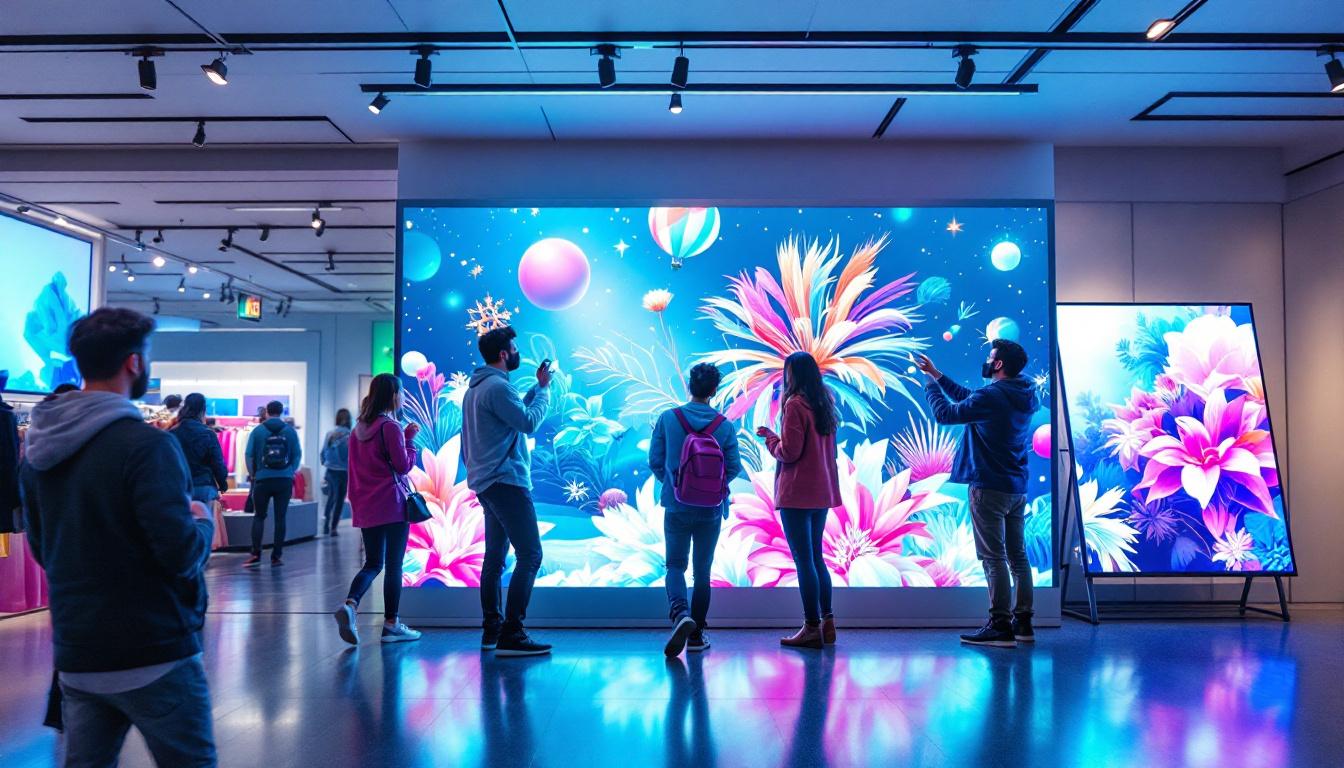 A photograph of a vibrant in-store led display showcasing dynamic visuals and engaging content