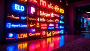 A photograph of a vibrant led wall display featuring various logo signs in a modern setting