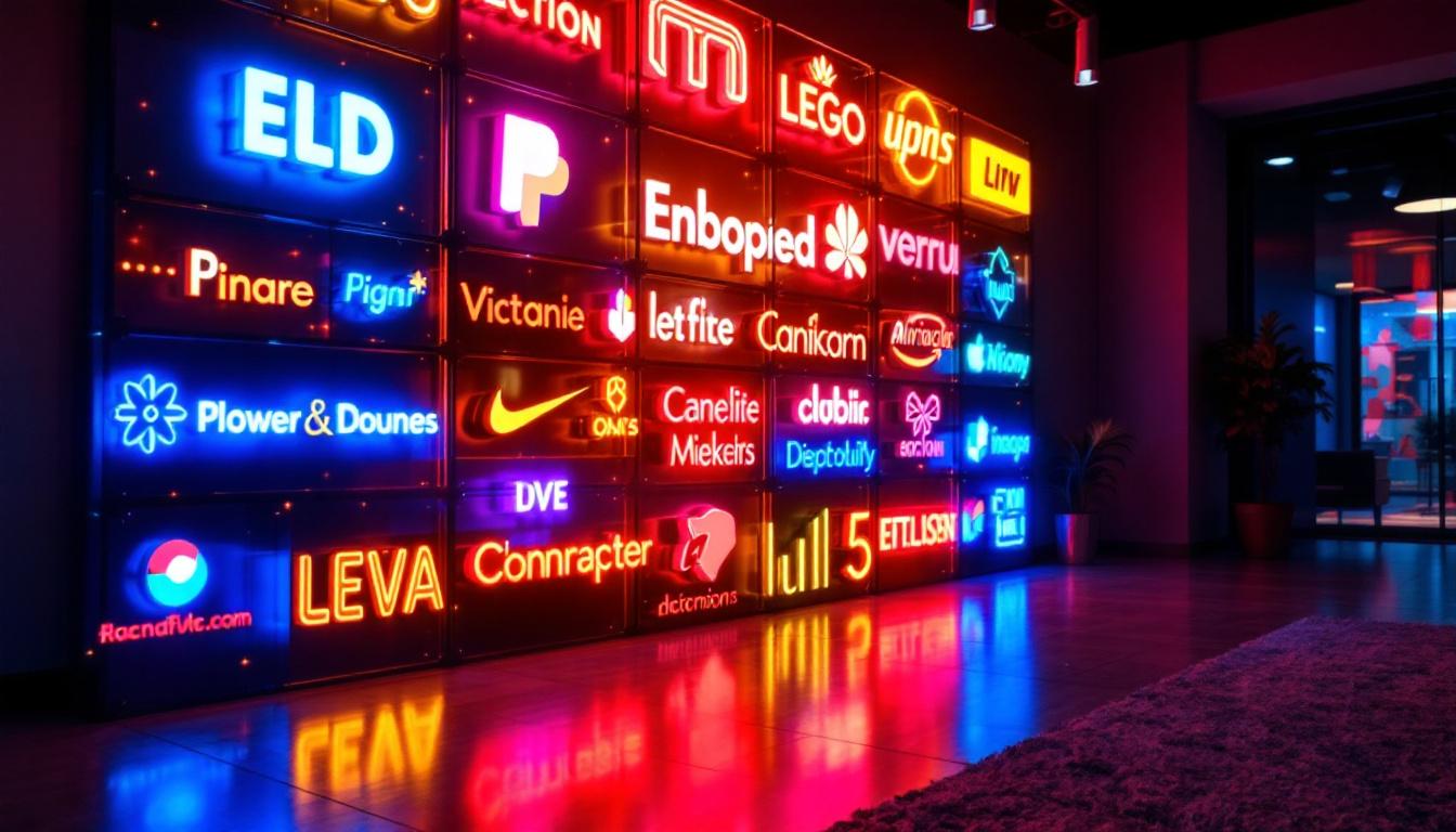 A photograph of a vibrant led wall display featuring various logo signs in a modern setting