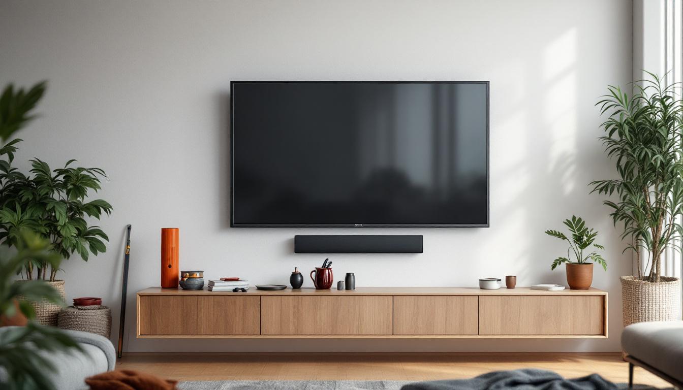 A photograph of a modern living room featuring a wall-mounted led tv
