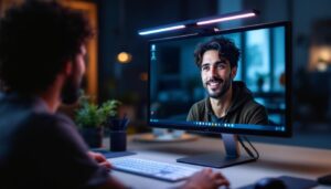A photograph of a sleek monitor light bar positioned above a computer screen during a video conference