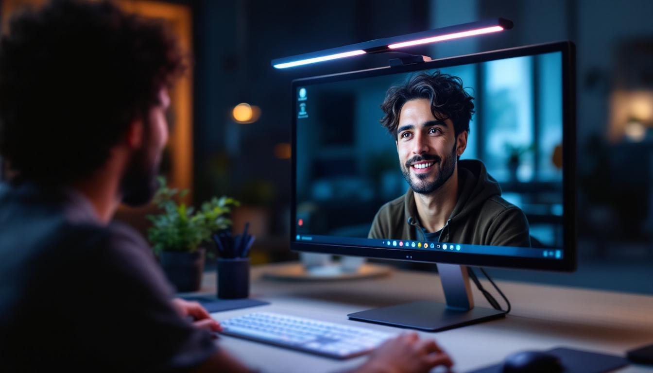A photograph of a sleek monitor light bar positioned above a computer screen during a video conference