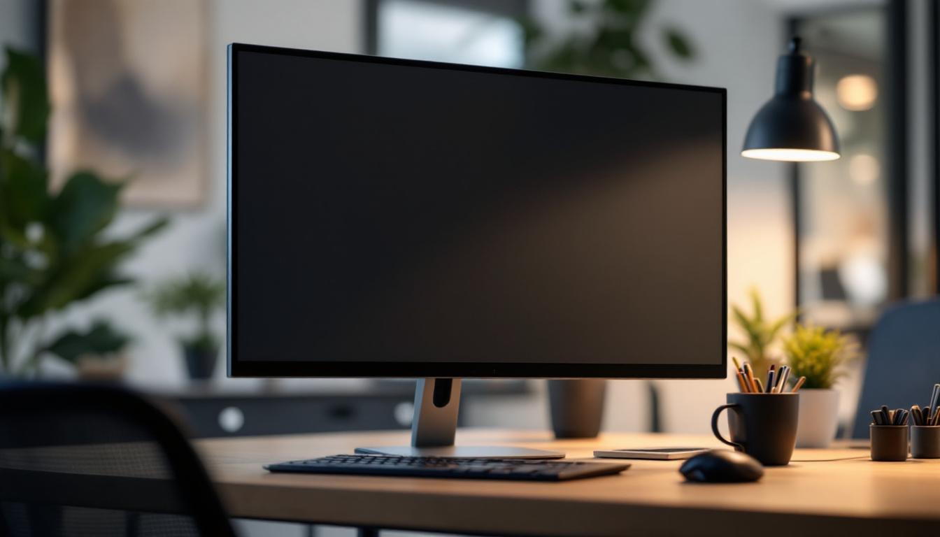 A photograph of a 24-inch monitor with a privacy screen in use in a modern workspace