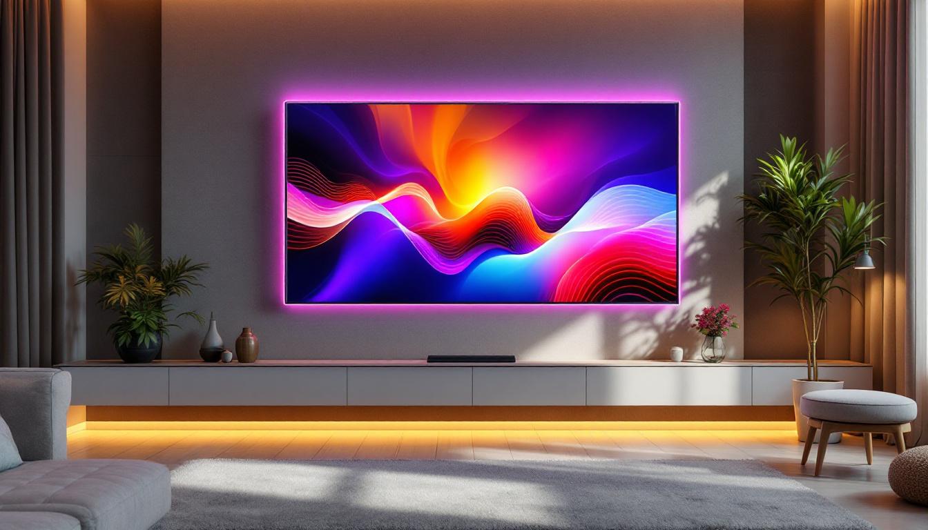 A photograph of a stylish half wall featuring a vibrant led display