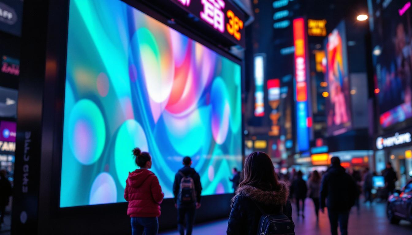 A photograph of capture a photograph of a vibrant led display in a bustling urban setting