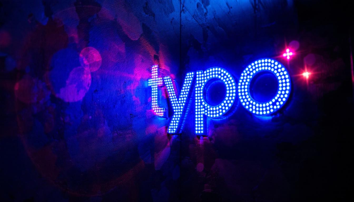A photograph of a vibrant led logo projection on a textured wall
