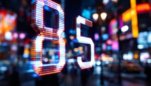 A photograph of a vibrant led display showcasing the numbers 8 and 5 prominently