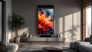 A photograph of a stylish tall wall cabinet featuring an integrated led display