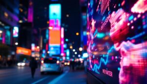 A photograph of a vibrant led display in an urban setting at night