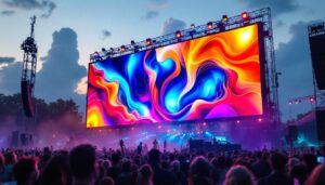 A photograph of capture a photograph of a vibrant jumbotron screen displaying dynamic visuals at a lively outdoor event