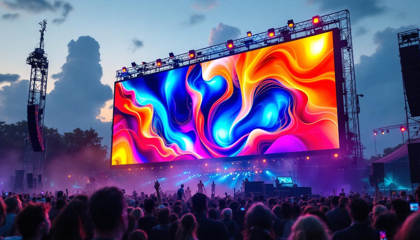 A photograph of capture a photograph of a vibrant jumbotron screen displaying dynamic visuals at a lively outdoor event