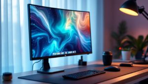 A photograph of capture a photograph of a sleek desktop setup featuring a modern led monitor mounted on an adjustable bracket