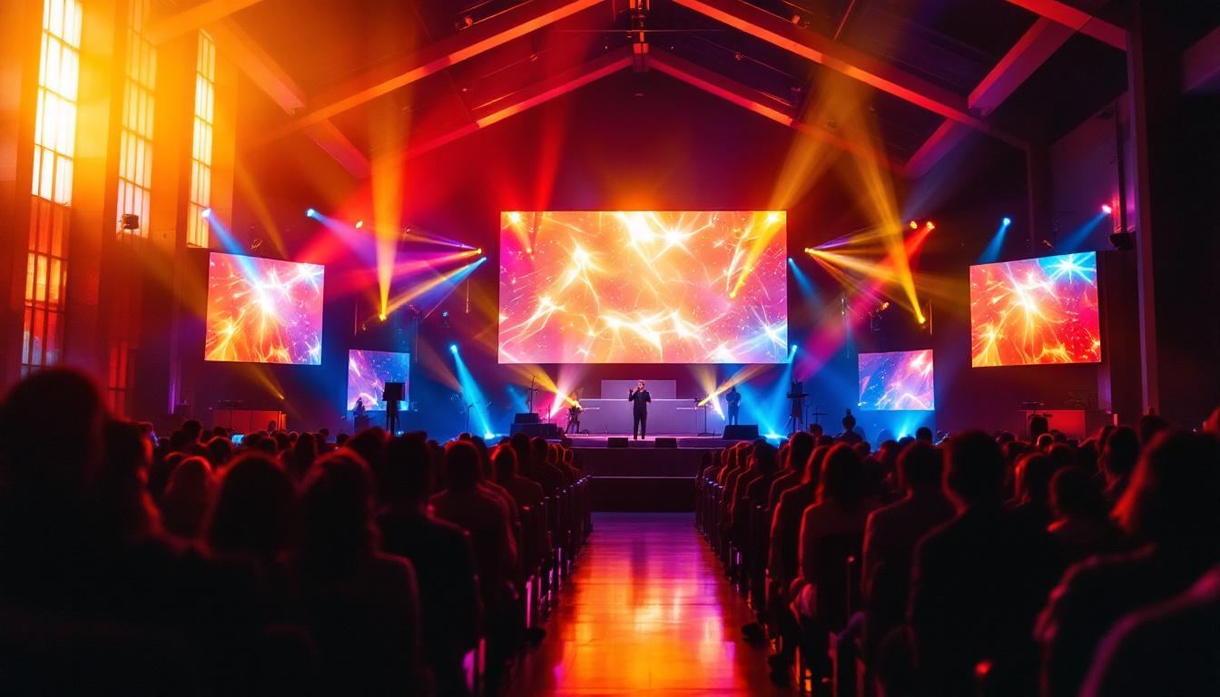 A photograph of a vibrant church interior featuring an led display screen in action