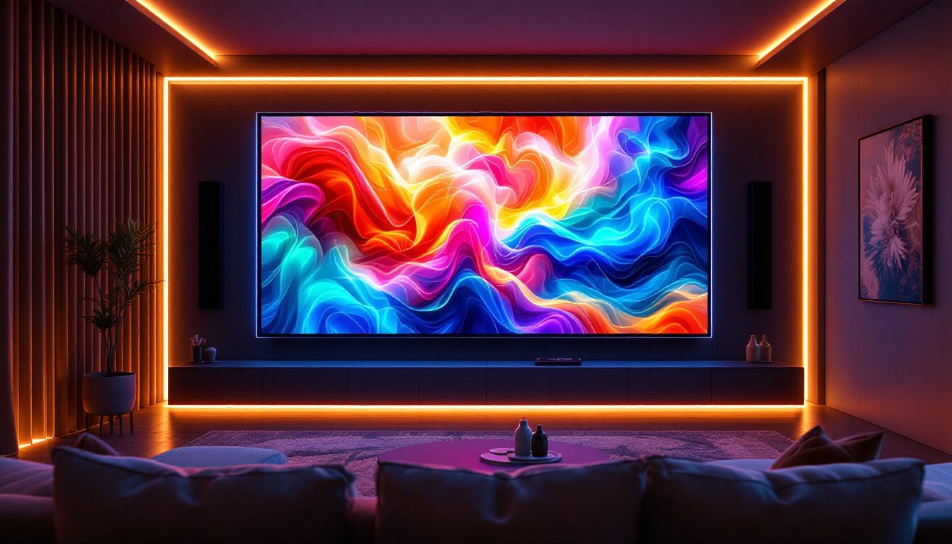 A photograph of a stylish home theater setup featuring a large led video wall displaying vibrant content