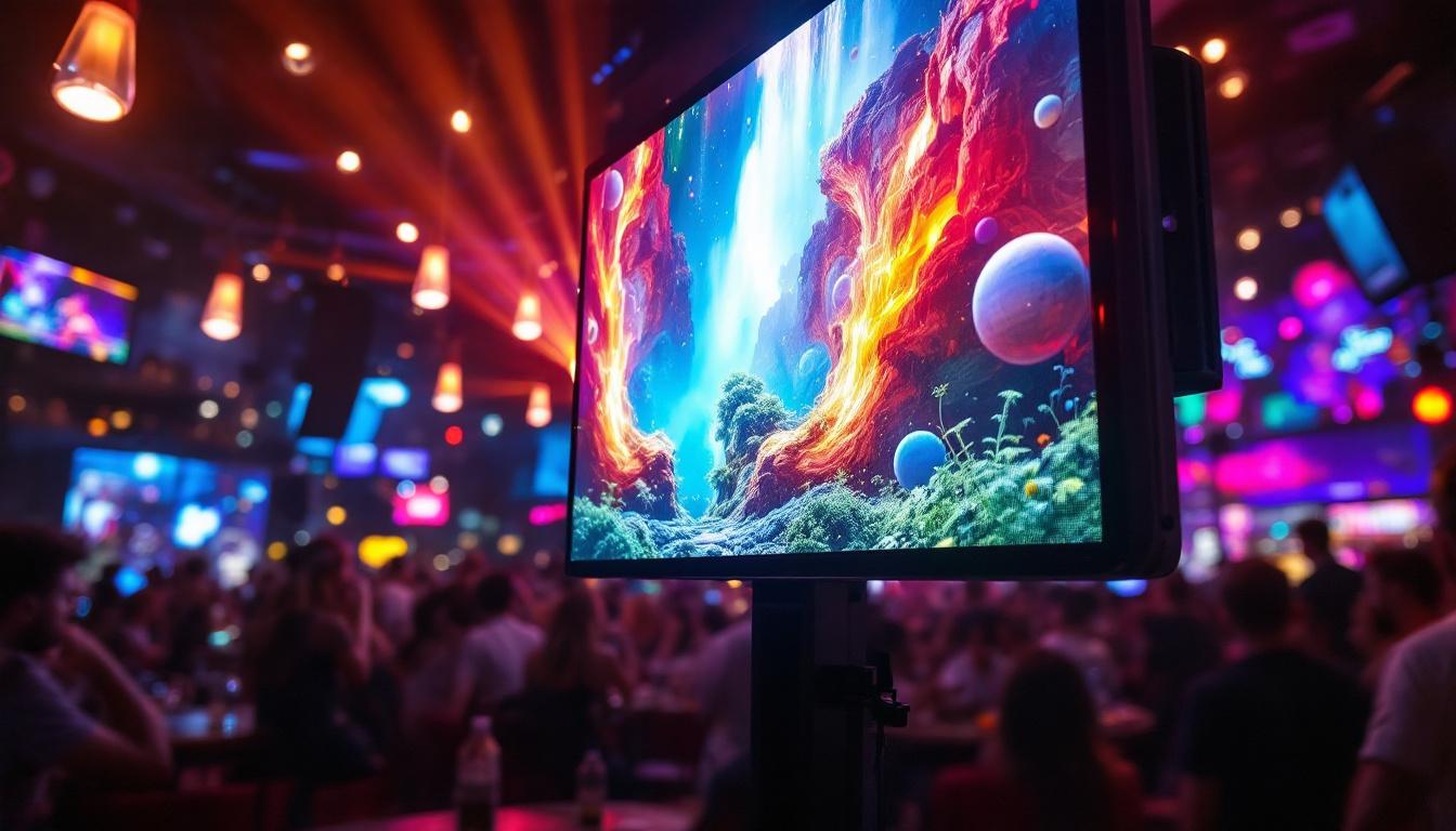 A photograph of a vibrant led screen displaying dynamic visuals in a lively environment