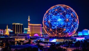 A photograph of capture a photograph of the las vegas sphere illuminated at night