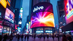 A photograph of a vibrant led advertising display in a bustling urban environment