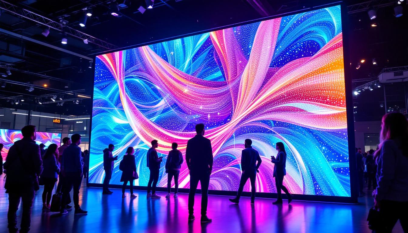 A photograph of a vibrant led display in a dynamic setting
