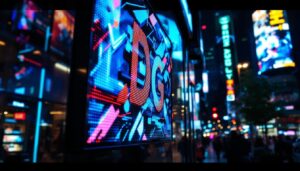 A photograph of a vibrant led sign panel displaying dynamic graphics or text in a bustling urban environment