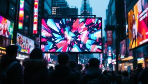 A photograph of a vibrant led display in a bustling urban setting
