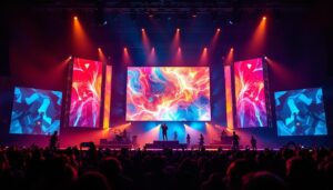 A photograph of a vibrant stage setup featuring a large led screen displaying dynamic visuals