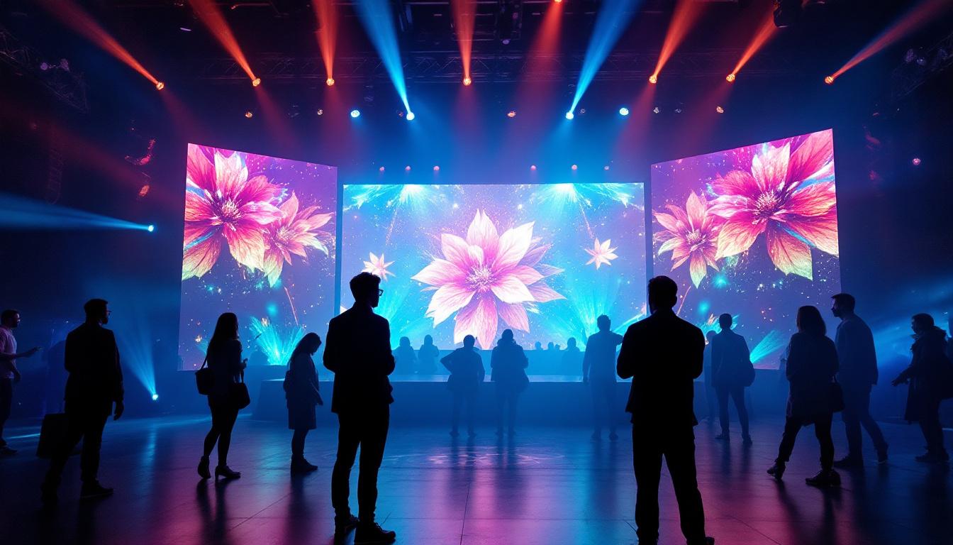 A photograph of a vibrant led screen backdrop in use at an event or performance
