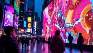 A photograph of a vibrant led display in a bustling urban environment