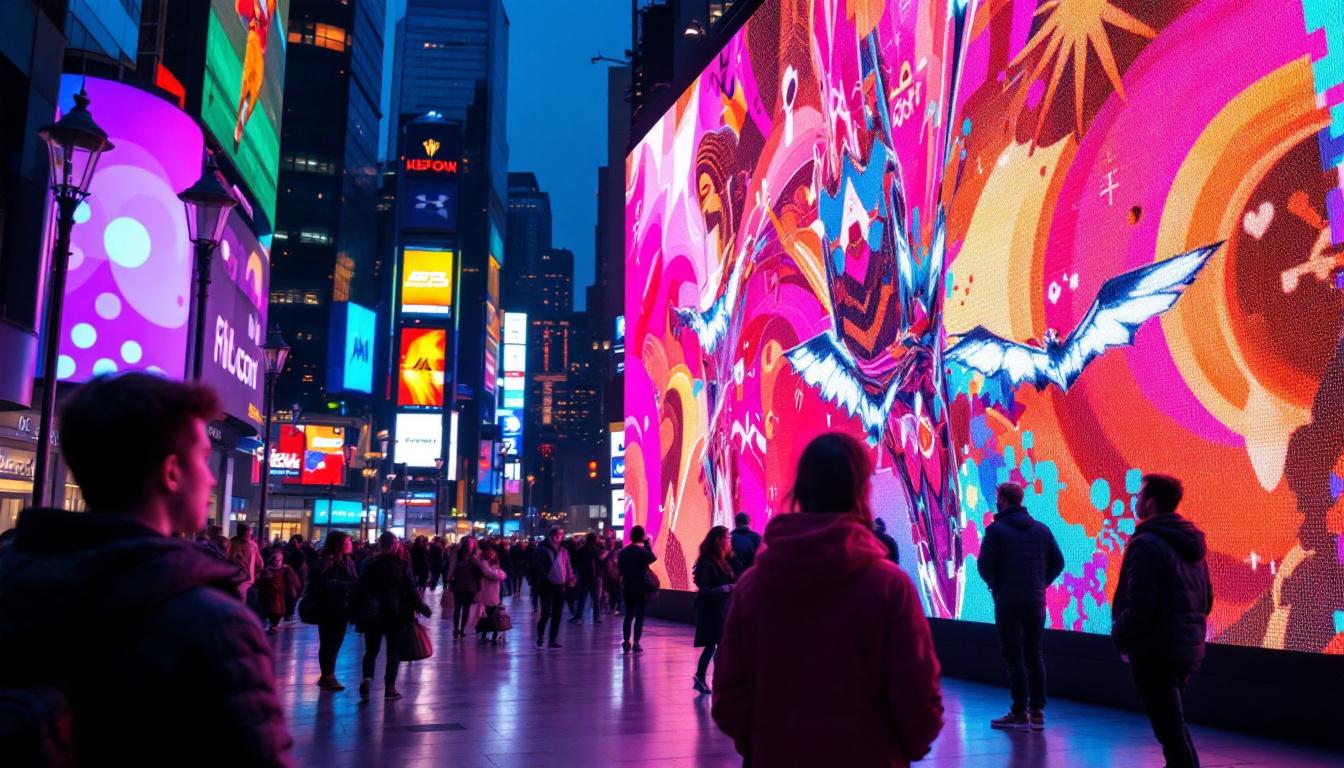 A photograph of a vibrant led display in a bustling urban environment